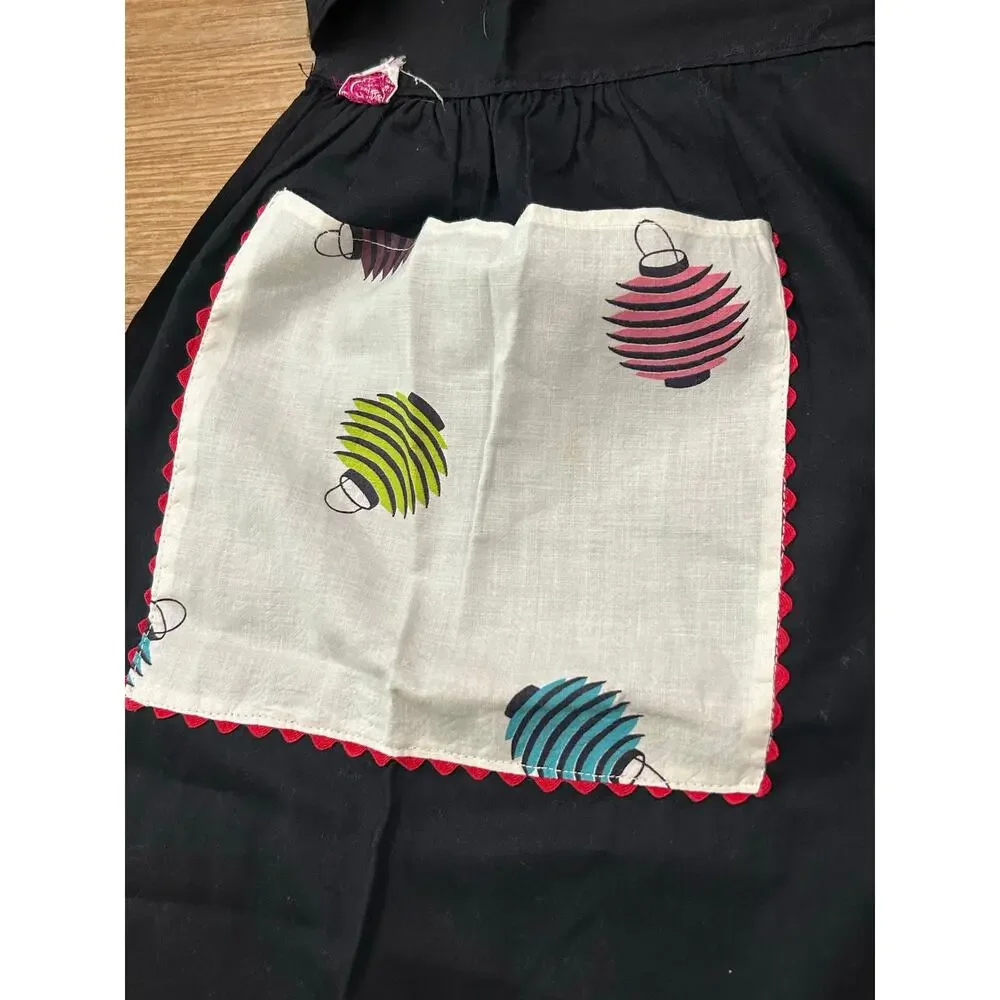 Vintage 50s Black Hostess Apron with Paper Lanterns Red Ric Rac Trim -
